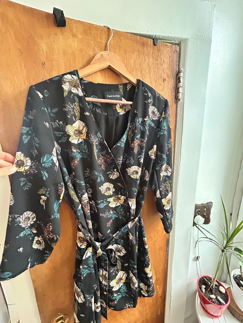 Frank and Oak Black Floral Wrap Dress V-Neck Midi